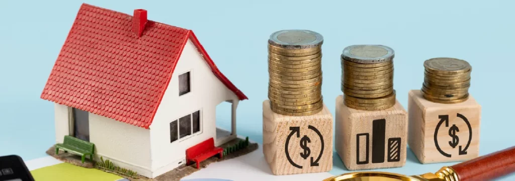 Small model house with a red roof next to three stacks of coins on wooden blocks with dollar signs.