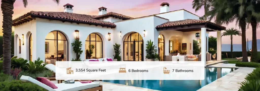 A luxurious, Mediterranean-style home with arched windows, a pool, and palm trees is shown, featuring 3,554 square feet, 6 bedrooms, and 7 bathrooms.