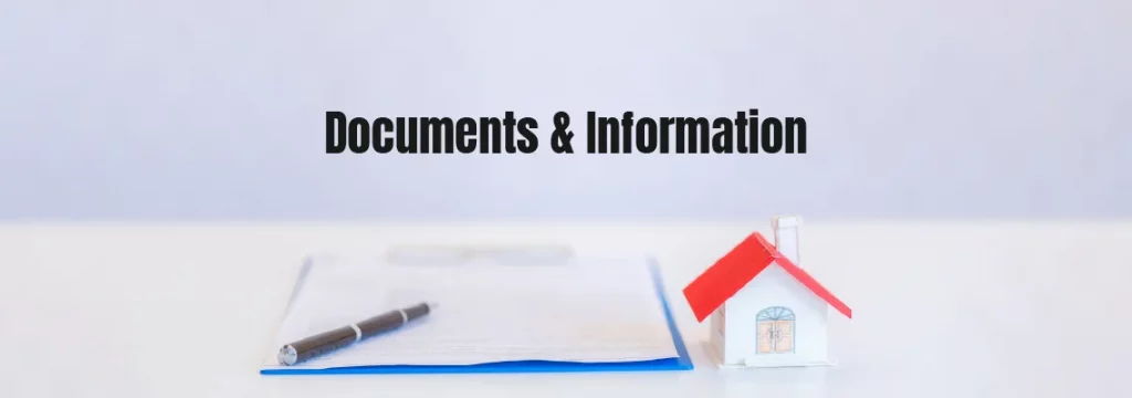 Documents and pen on a desk with a small model house, symbolizing mortgage paperwork and information.