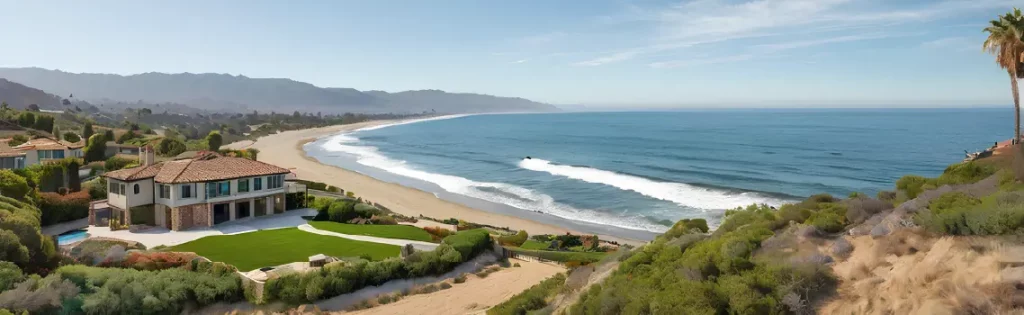 Luxurious beachfront home with expansive gardens overlooking a serene California coastline.