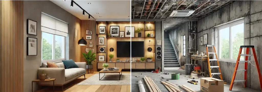 Split image showing a cozy, finished living room and its contrasting, unfinished construction site.