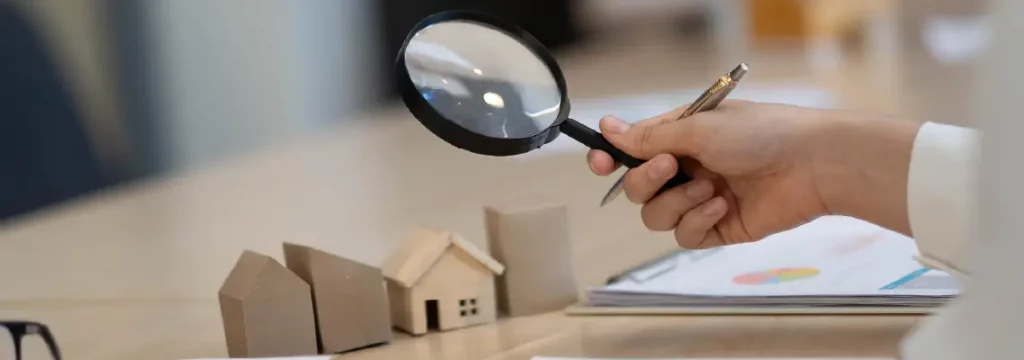 Real estate analyst examines model homes with a magnifying glass, highlighting market details.