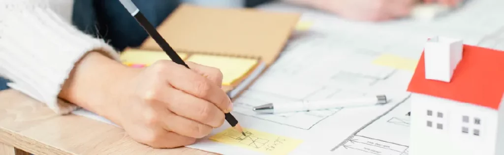 Close-up of a hand writing notes with a pencil, architectural plans and model house on desk.