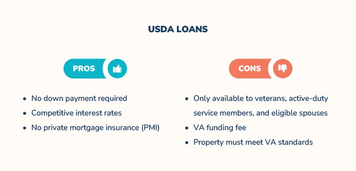 Comparison chart showing pros and cons of USDA loans, highlighting benefits like no down payment.